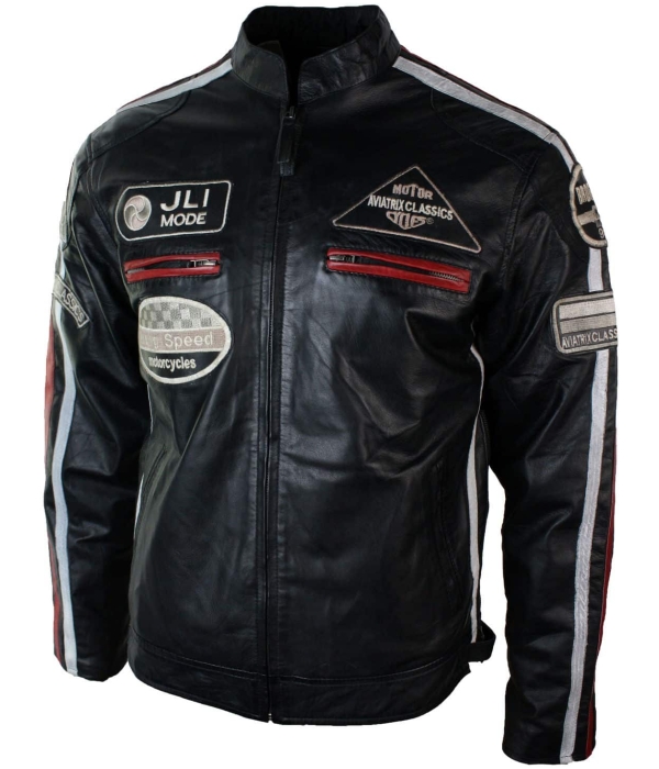 Real Leather Classic Retro Mens Biker Racer Jacket Desert Brown Grey Casual-Black