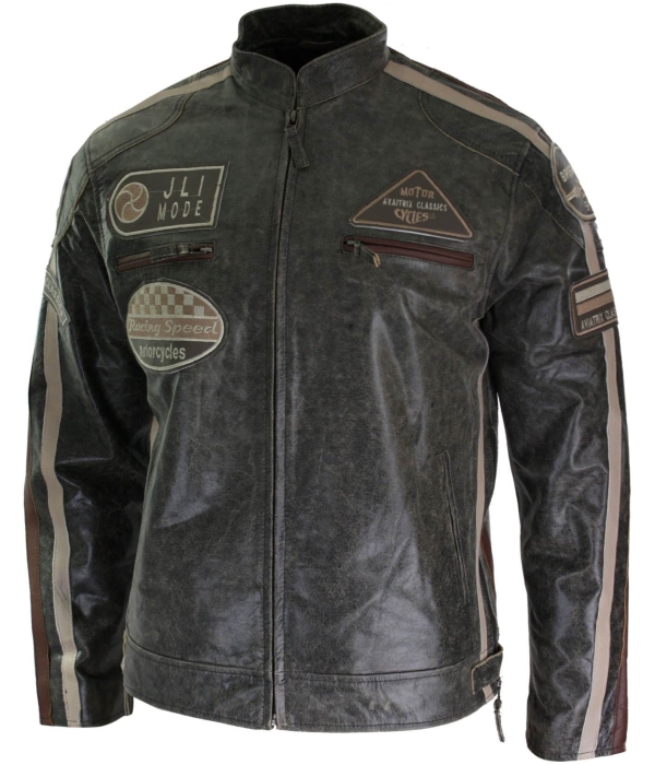 Real Leather Classic Retro Mens Biker Racer Jacket Desert Brown Grey Casual-Tan