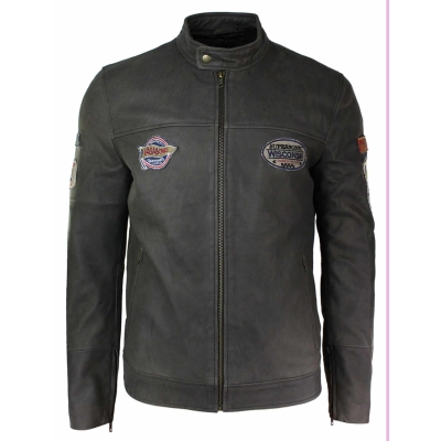 Real Leather Vintage Brown Racer Badge Mens Biker Jacket Washed Distressed Slim Fit