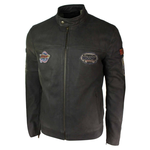 Real Leather Vintage Brown Racer Badge Mens Biker Jacket Washed Distressed Slim Fit