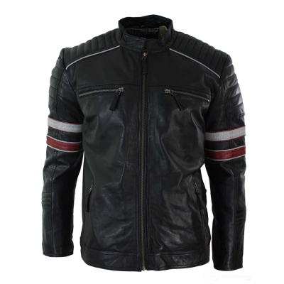 Real Leather Black Racing Mens Biker Jacket Red White Stripes Casual Fit