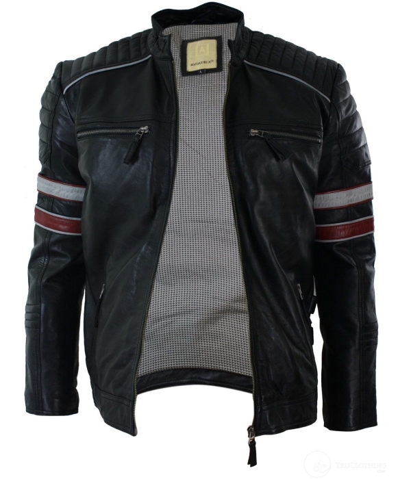 Real Leather Black Racing Mens Biker Jacket Red White Stripes Casual Fit