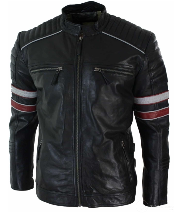 Real Leather Black Racing Mens Biker Jacket Red White Stripes Casual Fit