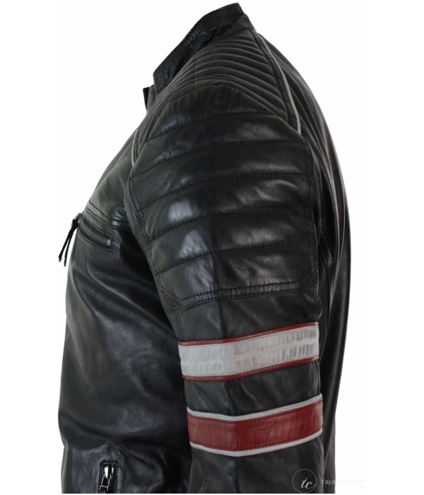 Real Leather Black Racing Mens Biker Jacket Red White Stripes Casual Fit