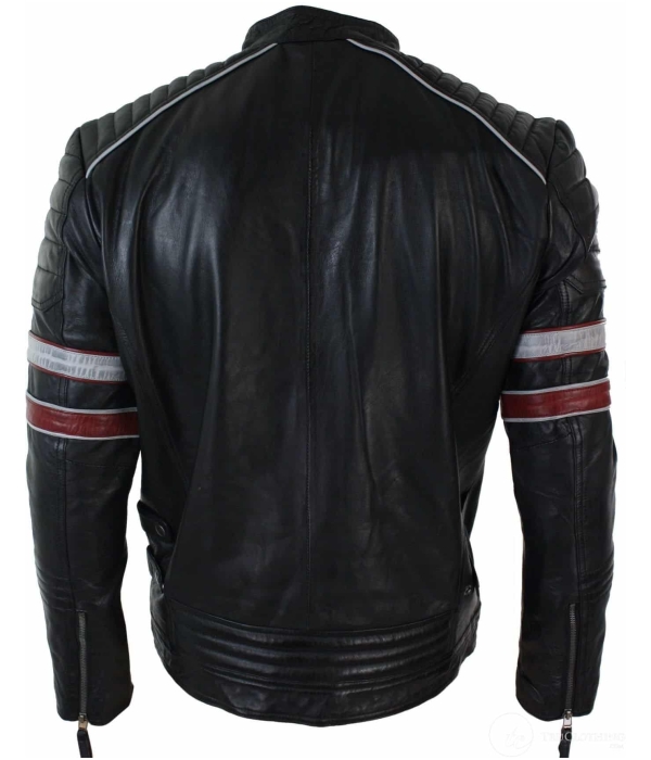 Real Leather Black Racing Mens Biker Jacket Red White Stripes Casual Fit