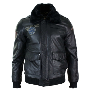 Mens Real Leather Black Aviator Fur Collar Pilot Jacket Slim Fit Bomber