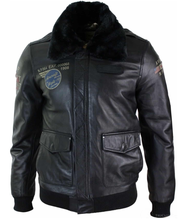 Mens Real Leather Black Aviator Fur Collar Pilot Jacket Slim Fit Bomber