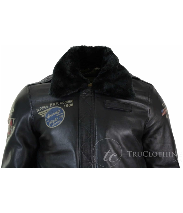 Mens Real Leather Black Aviator Fur Collar Pilot Jacket Slim Fit Bomber