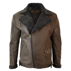 Mens Black Cross Zip Real Leather Biker Jacket Fleece Lined Fitted Smart Casual-Brown