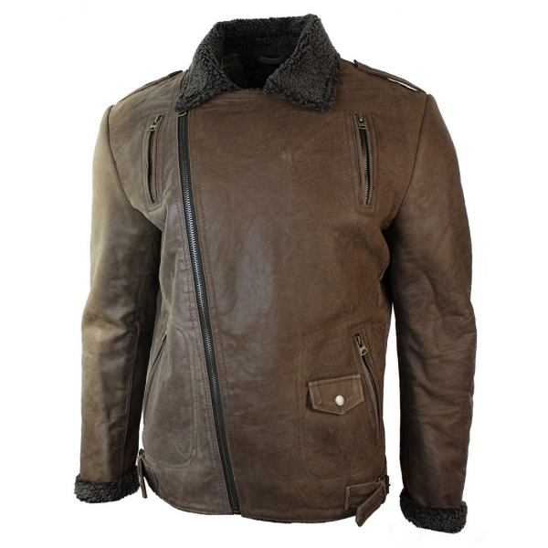 Mens Black Cross Zip Real Leather Biker Jacket Fleece Lined Fitted Smart Casual-Brown