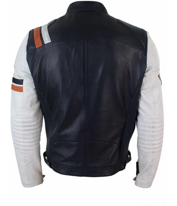 Real Leather Retro Vintage Navy Blue White Mens Biker Jacket Badge Design Casual