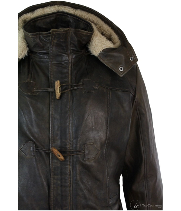 Mens Real Leather Hood Duffle Safari Jacket Long 3/4 Fur Washed Timber Brown Tan-Brown