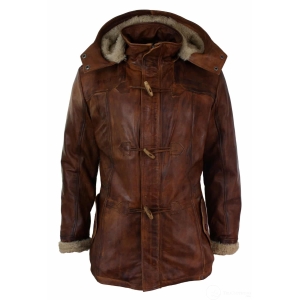 Mens Real Leather Hood Duffle Safari Jacket Long 3/4 Fur Washed Timber Brown Tan-Nevada Timber