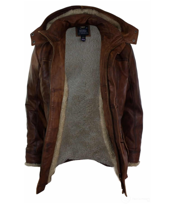 Mens Real Leather Hood Duffle Safari Jacket Long 3/4 Fur Washed Timber Brown Tan-Nevada Timber