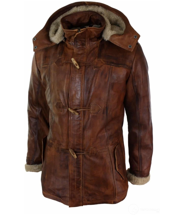 Mens Real Leather Hood Duffle Safari Jacket Long 3/4 Fur Washed Timber Brown Tan-Nevada Timber