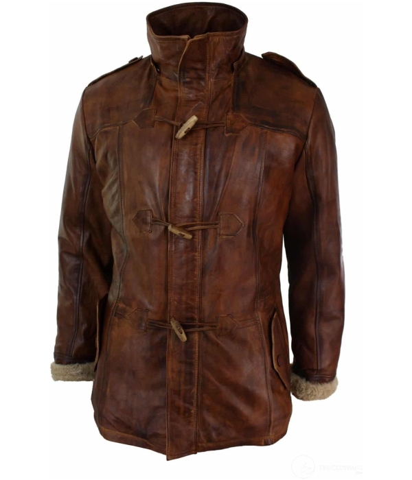 Mens Real Leather Hood Duffle Safari Jacket Long 3/4 Fur Washed Timber Brown Tan-Nevada Timber