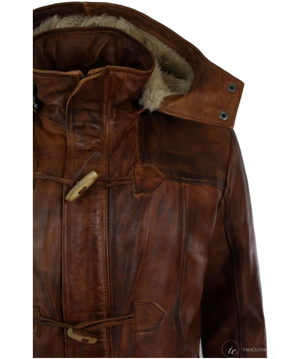 Mens Real Leather Hood Duffle Safari Jacket Long 3/4 Fur Washed Timber Brown Tan-Nevada Timber