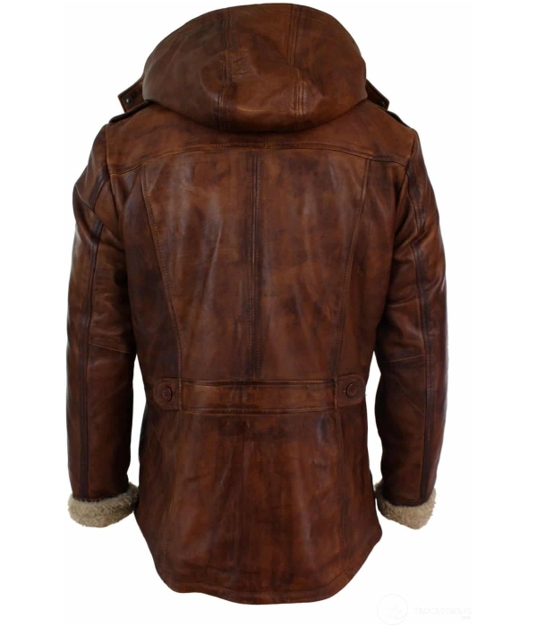 Mens Real Leather Hood Duffle Safari Jacket Long 3/4 Fur Washed Timber Brown Tan-Nevada Timber