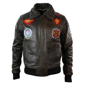 Mens Real Leather US Aviator Air Force Pilot Flying Bomber Jacket Black Fur Collar-Brown