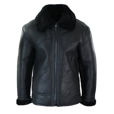 Mens Real Leather Sherling Sheepskin Original B3 Flying Pilot Jacket Warm Winter-B3 Black Black