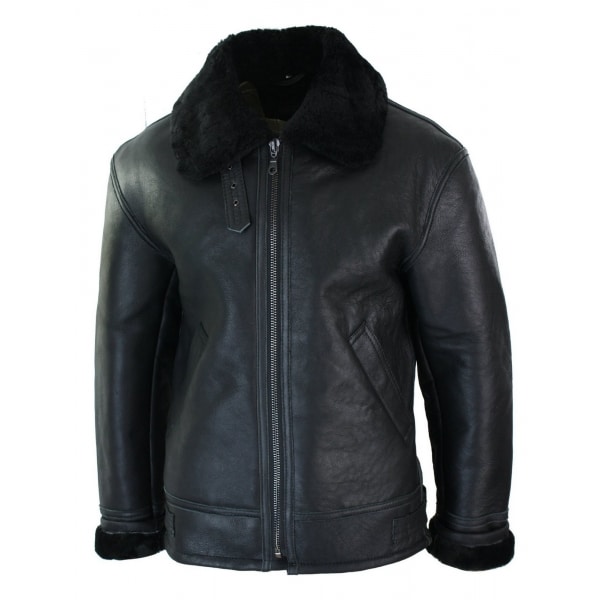 Mens Real Leather Sherling Sheepskin Original B3 Flying Pilot Jacket Warm Winter-B3 Black Black