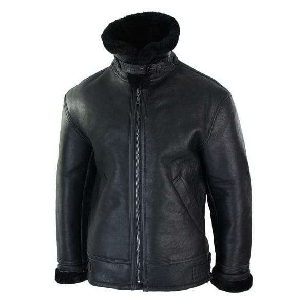 Mens Real Leather Sherling Sheepskin Original B3 Flying Pilot Jacket Warm Winter-B3 Black Black