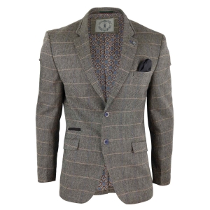 Mens Oak Brown Vintage Check Herringbone Tweed Blazer Jacket or Waistcoat Retro