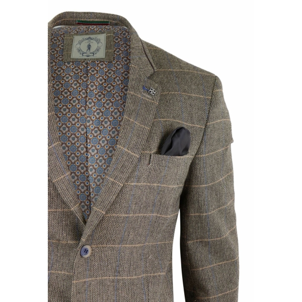 Mens Oak Brown Vintage Check Herringbone Tweed Blazer Jacket or Waistcoat Retro