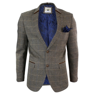 Mens Herringbone Tweed Marc Darcy Tan Brown Slim Fit 2 Button Blazer Check Jacket