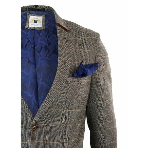 Mens Herringbone Tweed Marc Darcy Tan Brown Slim Fit 2 Button Blazer Check Jacket