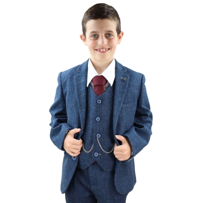 Boys Blue Tweed 3 Piece Suit Carnegi - Wedding Suit