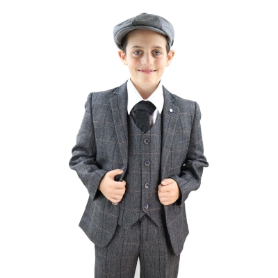 Boys Grey Tweed 3 Piece Peaky Blinders Suit Albert - Wedding Suit