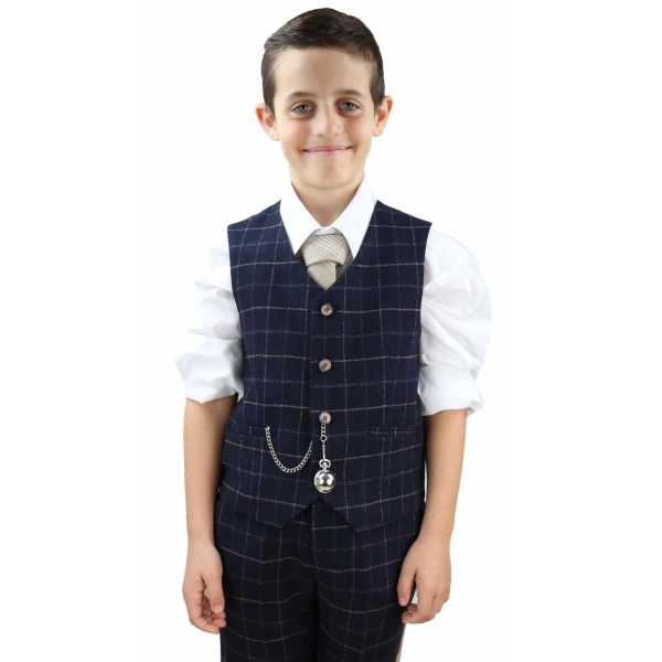 Boys Navy-Blue Check 3 Piece Suit - Peaky Blinders Suit Shelby