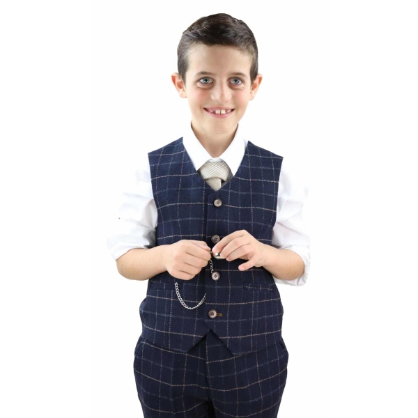 Boys Navy-Blue Check 3 Piece Suit - Peaky Blinders Suit Shelby