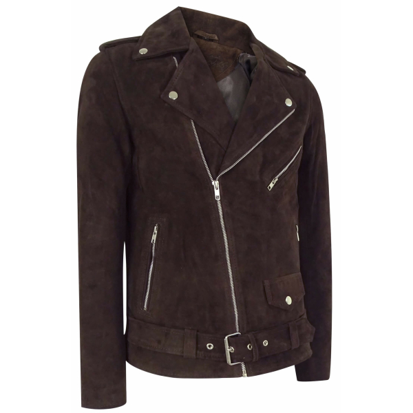 Real Leather Vintage Cross-Zip Brando Suede Men's Jacket-Brown