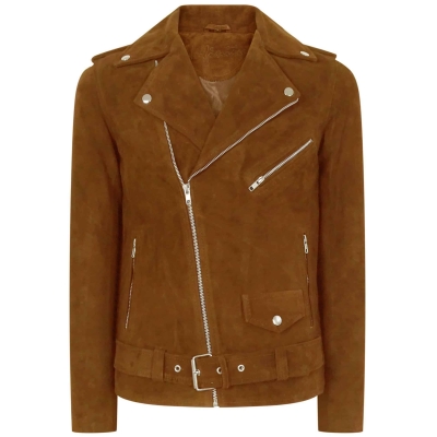 Real Leather Men's Vintage Cross-Zip Brando Suede Jacket - Camel