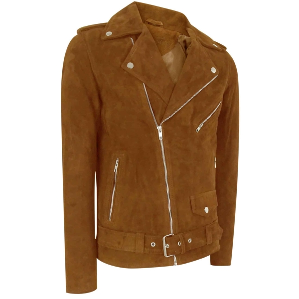 Real Leather Men's Vintage Cross-Zip Brando Suede Jacket - Camel