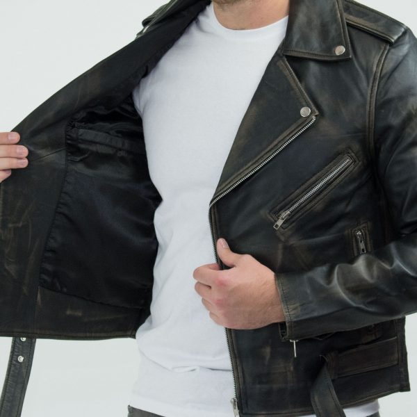 Real Leather Brando - Mens Cross-Zip Brando Real Leather Jacket-Black - Gold