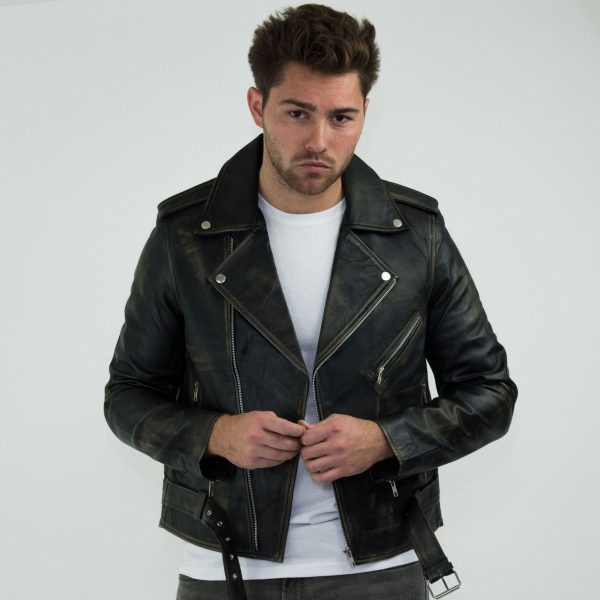 Real Leather Brando - Mens Cross-Zip Brando Real Leather Jacket-Black - Gold