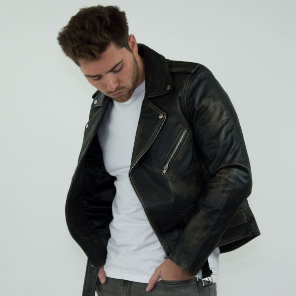 Real Leather Brando - Mens Cross-Zip Brando Real Leather Jacket-Black - Gold