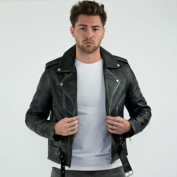 Real Leather Brando - Mens Cross-Zip Brando Real Leather Jacket-Black - Gold