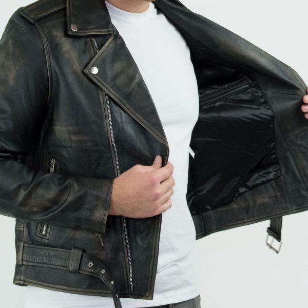 Real Leather Brando - Mens Cross-Zip Brando Real Leather Jacket-Black - Gold