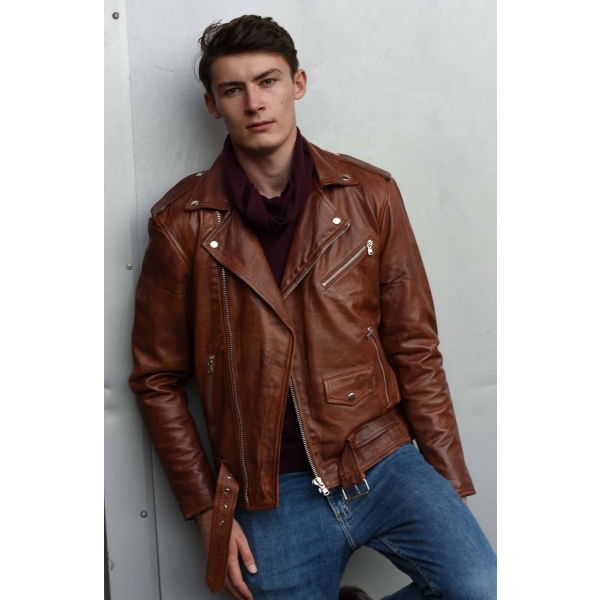 Real Leather Brando - Mens Cross-Zip Brando Jacket-Timber