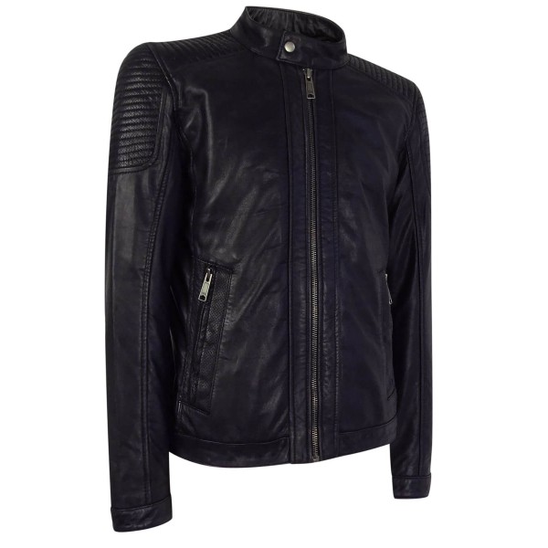 Real Leather Navy-Blue Biker Jacket for Men