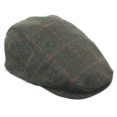 Cavani Kempson Flat Cap - Mens Tweed Wool Check Grandad Hat Vintage - Olive Green/Navy Blue