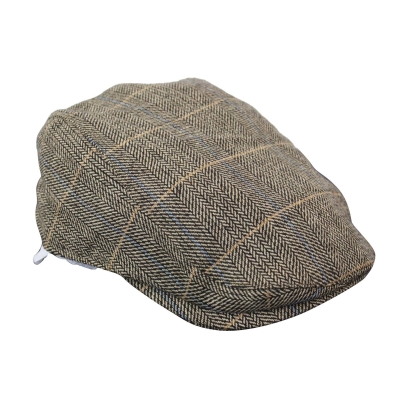 Cavani Albert Mens Tweed Flat Cap - Herringbone Tweed Wool Grandad Flat Hats Vintage - Tan Brown/Charcoal Grey