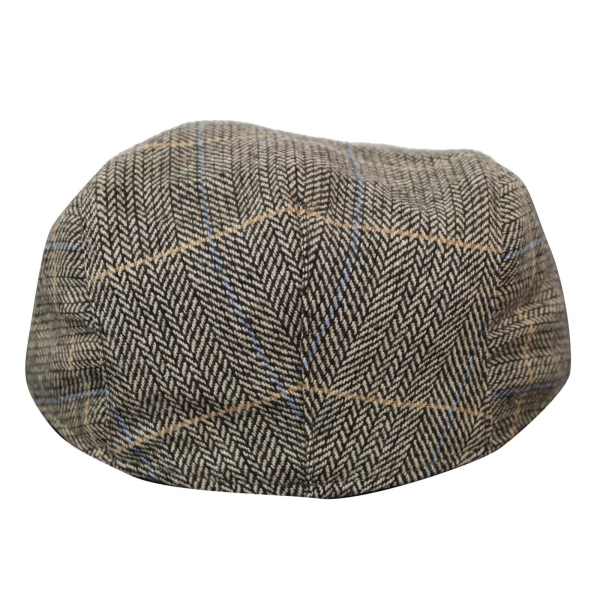 Cavani Albert Mens Tweed Flat Cap - Herringbone Tweed Wool Grandad Flat Hats Vintage - Tan Brown/Charcoal Grey