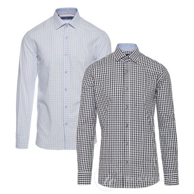 Cavani 603 - Men's Tailored Fit Checked Shirt - Black/Baby Blue