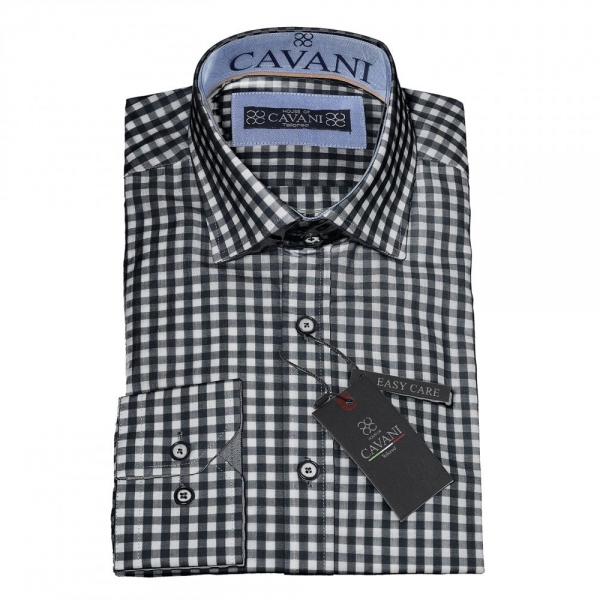 Cavani 603 - Men's Tailored Fit Checked Shirt - Black/Baby Blue