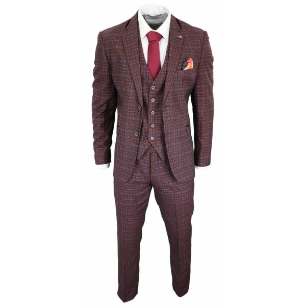 Cavani Carly - Men's 3 Piece Tweed Check Burgundy Suit